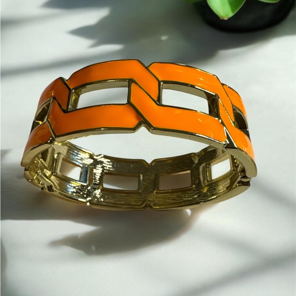 Gold and Orange Enameled Hinge Bracelet NEW - Picture 1 of 1